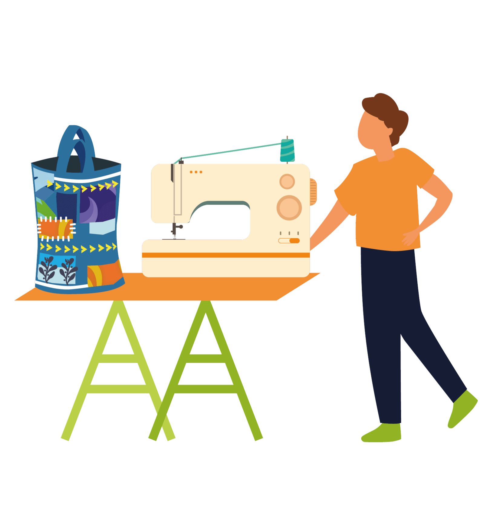 Illustration : une personne devant une machine à coudre, à côté d'un sac réalisé en patchwork de tissus récupérés